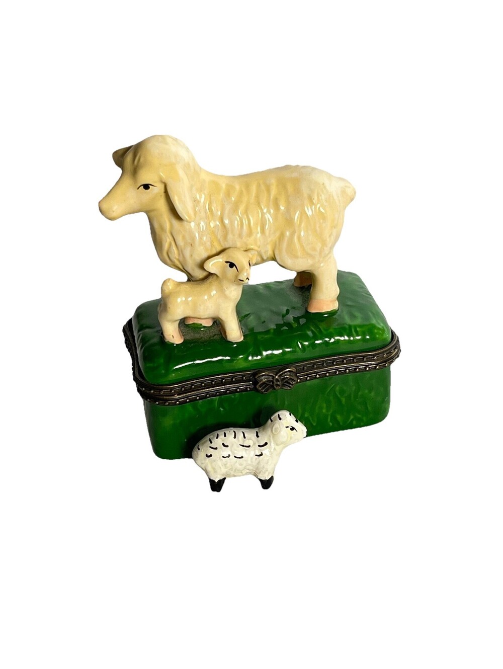 Vintage Sheep Ewe Baby Lamb Porcelain Hinged Trinket Box Green Mound Sweet